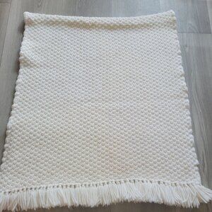 Handmade Ivory Knitted Throw Blanket With Fringe